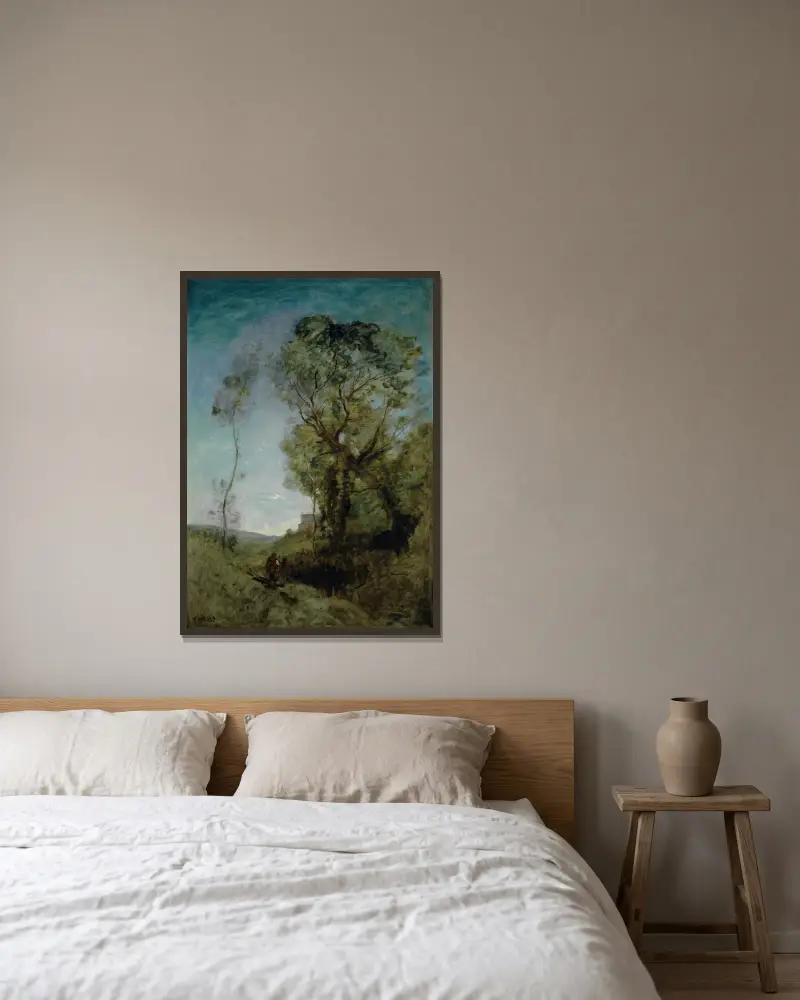 Italiensk villa bakom pinjer av Jean-Baptiste-Camille Corot inramad på en vägg