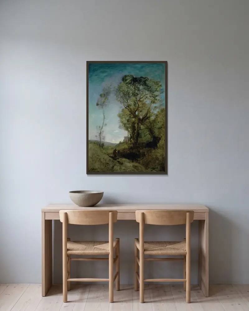 Italiensk villa bakom pinjer av Jean-Baptiste-Camille Corot inramad på en vägg