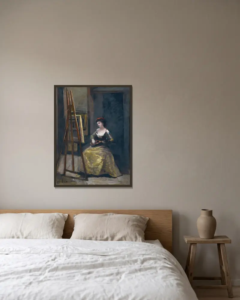 Ung kvinna som spelar mandolin av Jean-Baptiste-Camille Corot inramad på en vägg