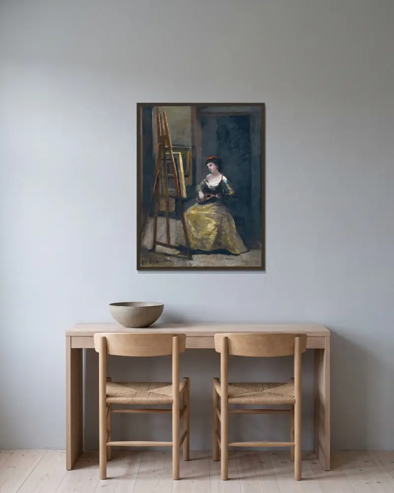 Ung kvinna som spelar mandolin av Jean-Baptiste-Camille Corot inramad på en vägg