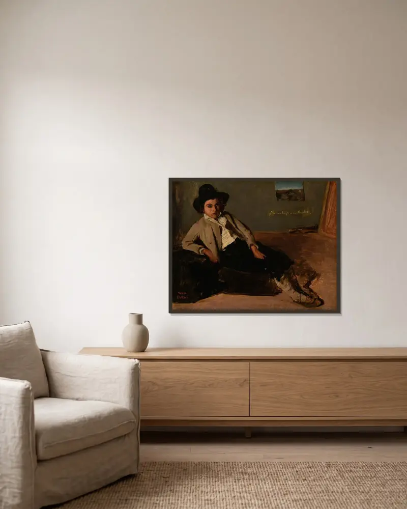 Jeune italien assis av Jean-Baptiste-Camille Corot inramad på en vägg