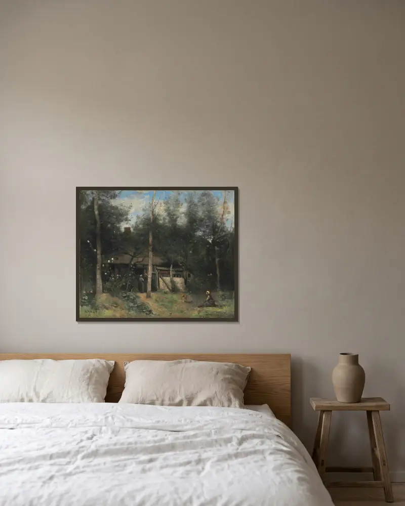 Stugan med fläderbuskarna, Normandie av Jean-Baptiste-Camille Corot inramad på en vägg