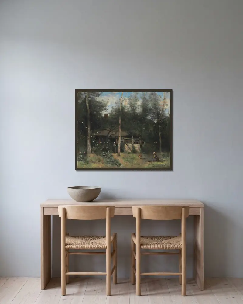 Stugan med fläderbuskarna, Normandie av Jean-Baptiste-Camille Corot inramad på en vägg
