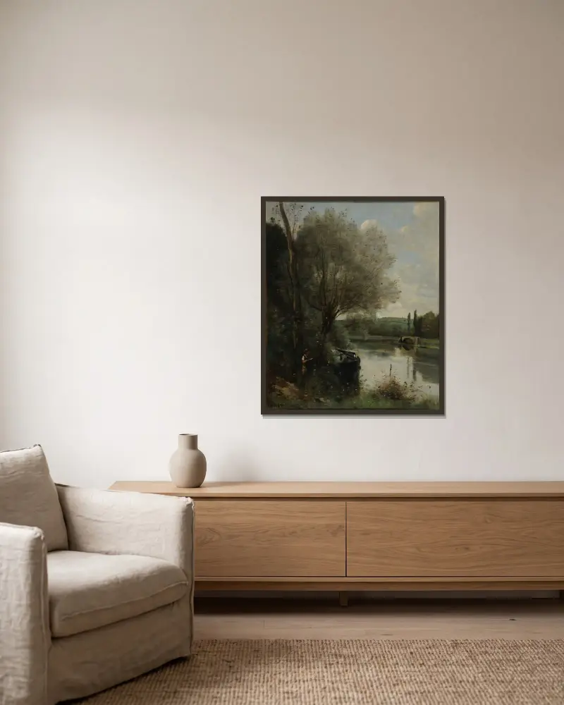 Die Lesende am bewaldeten Ufer von Jean-Baptiste-Camille Corot gerahmt an einer Wand