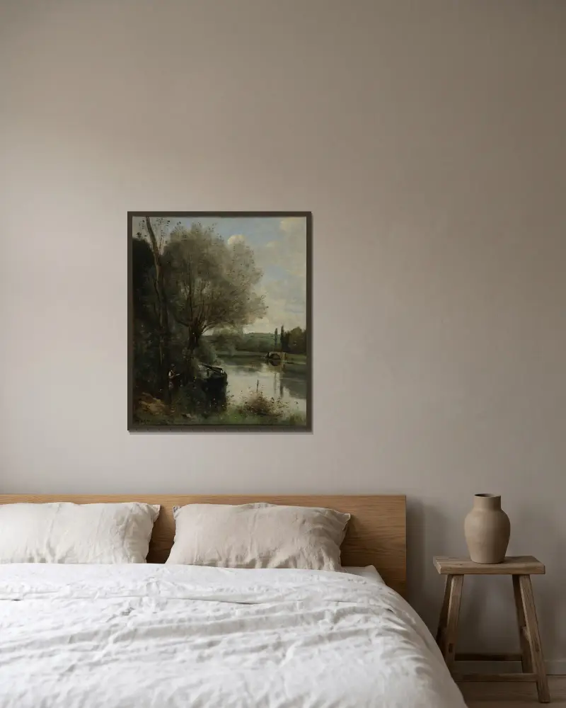 Die Lesende am bewaldeten Ufer von Jean-Baptiste-Camille Corot gerahmt an einer Wand
