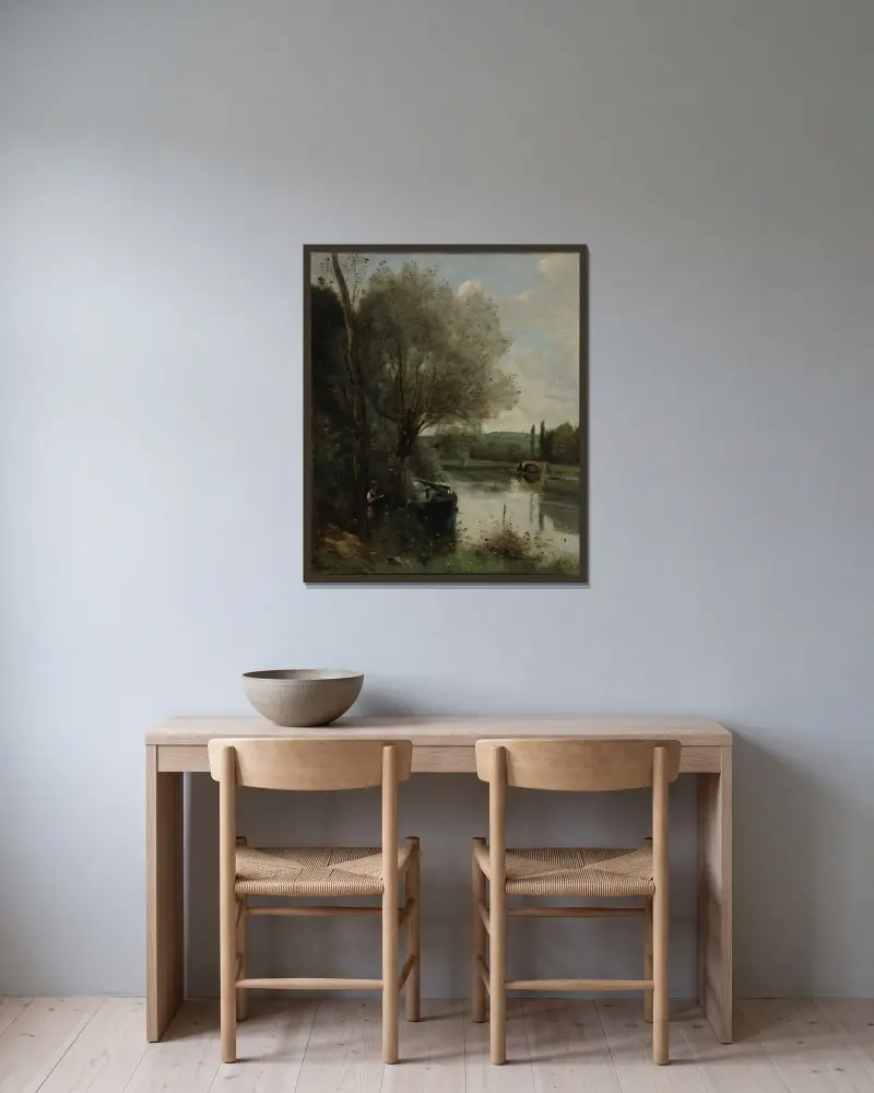 Die Lesende am bewaldeten Ufer von Jean-Baptiste-Camille Corot gerahmt an einer Wand