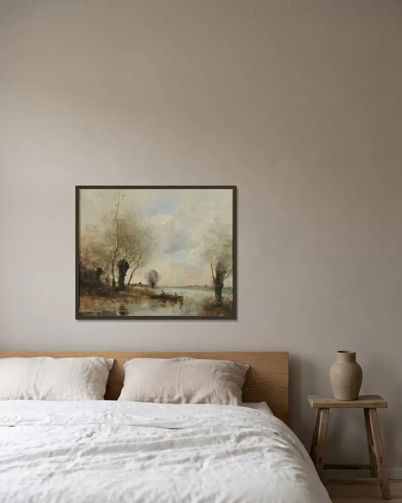 Fischen vom Boot bei den Weiden von Jean-Baptiste-Camille Corot gerahmt an einer Wand