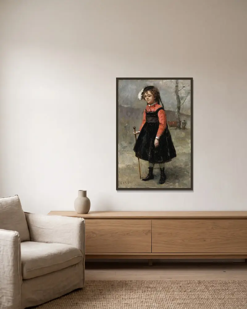 Die kleine Elster von Jean-Baptiste-Camille Corot gerahmt an einer Wand