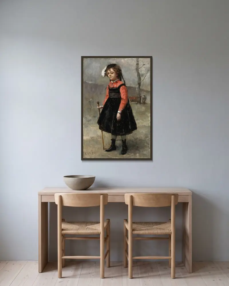 Die kleine Elster von Jean-Baptiste-Camille Corot gerahmt an einer Wand
