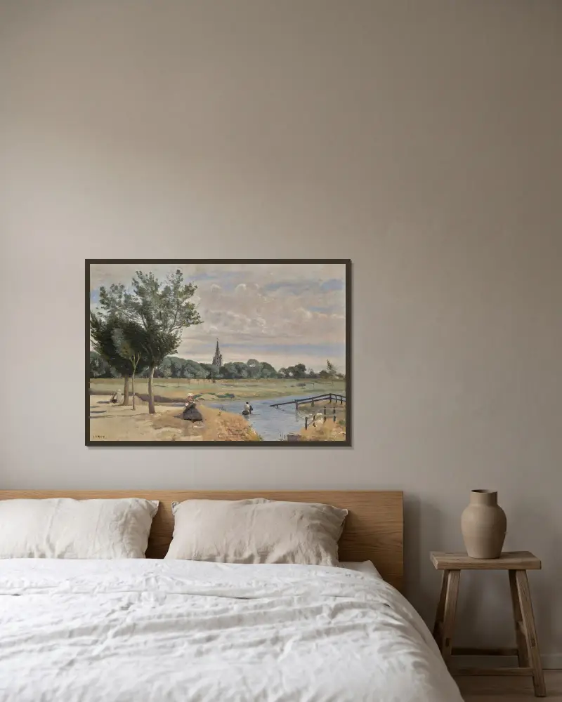 La Rochelle; wodopój, widok z okolic murów miejskich, z wieżą latarni, Jean-Baptiste-Camille Corot w ramie na ścianie
