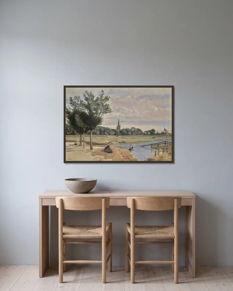 La Rochelle; wodopój, widok z okolic murów miejskich, z wieżą latarni, Jean-Baptiste-Camille Corot w ramie na ścianie