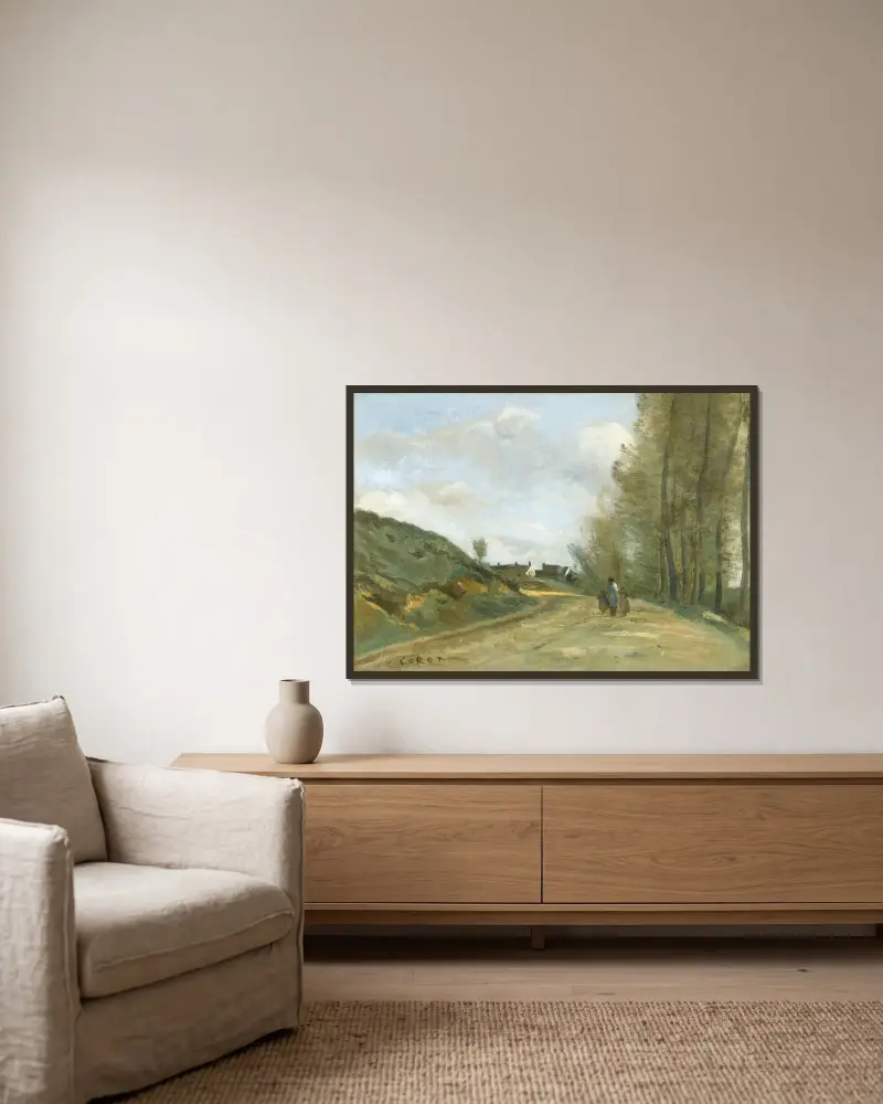 Vägen till Gouvieux, nära Chantilly av Jean-Baptiste-Camille Corot inramad på en vägg