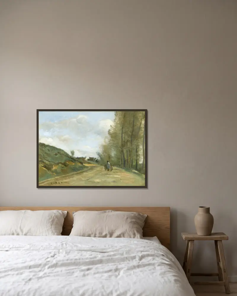 Vägen till Gouvieux, nära Chantilly av Jean-Baptiste-Camille Corot inramad på en vägg