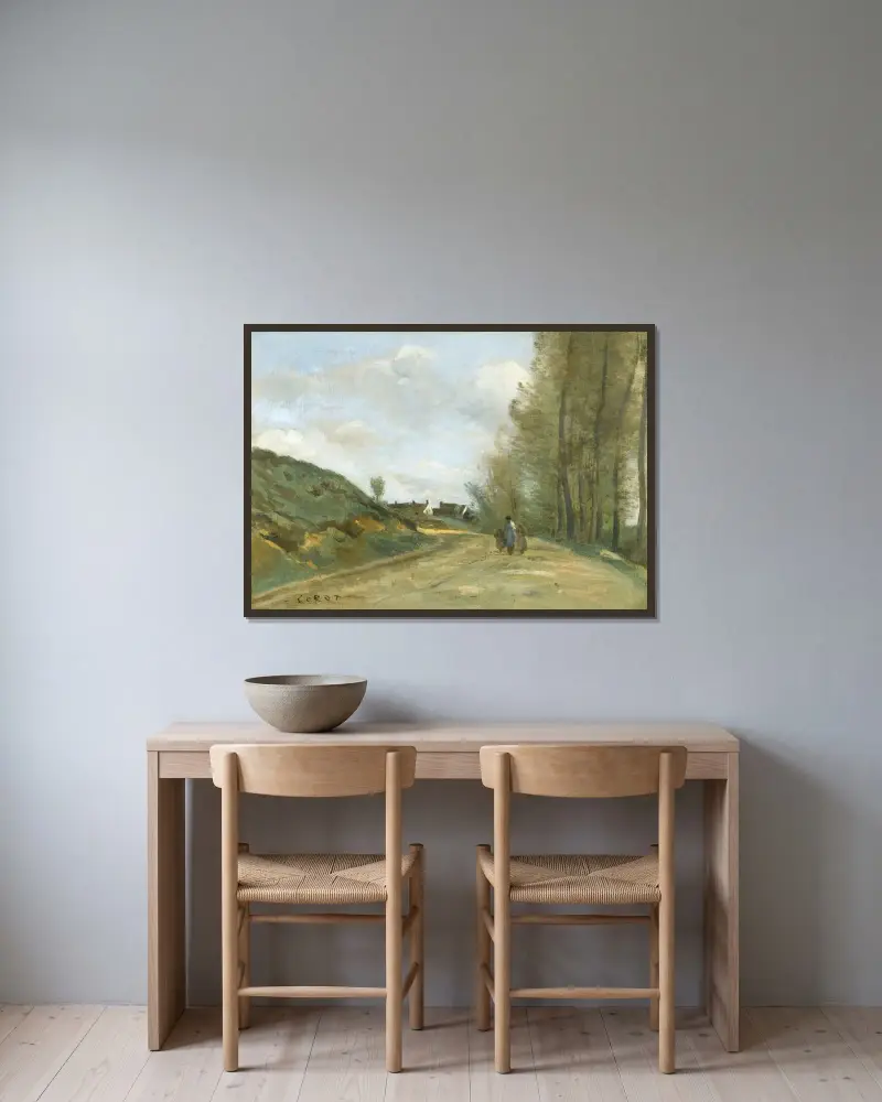 Vägen till Gouvieux, nära Chantilly av Jean-Baptiste-Camille Corot inramad på en vägg