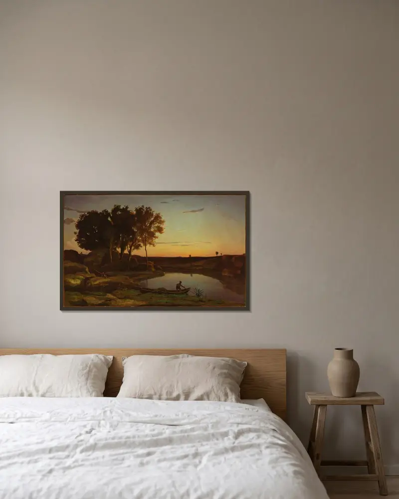 Landskap med sjö och båtman av Jean-Baptiste-Camille Corot inramad på en vägg