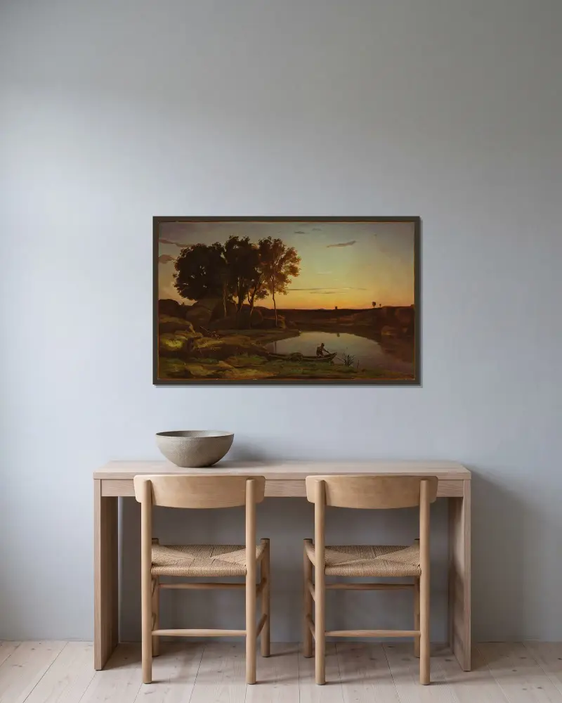 Landskap med sjö och båtman av Jean-Baptiste-Camille Corot inramad på en vägg