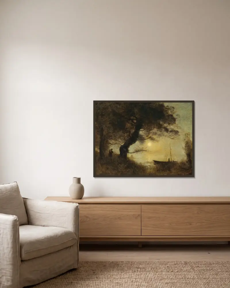 Das Boot im Mondschein von Jean-Baptiste-Camille Corot gerahmt an einer Wand