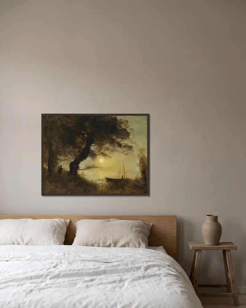 Das Boot im Mondschein von Jean-Baptiste-Camille Corot gerahmt an einer Wand