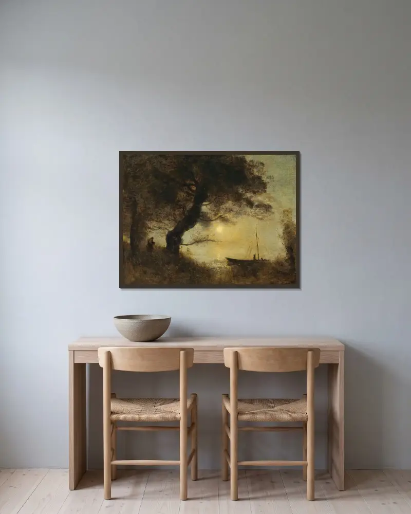 Das Boot im Mondschein von Jean-Baptiste-Camille Corot gerahmt an einer Wand