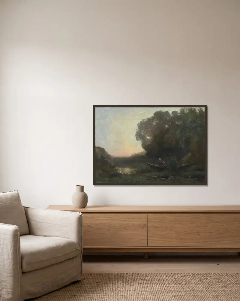 Roddaren vid stranden. Solnedgång av Jean-Baptiste-Camille Corot inramad på en vägg