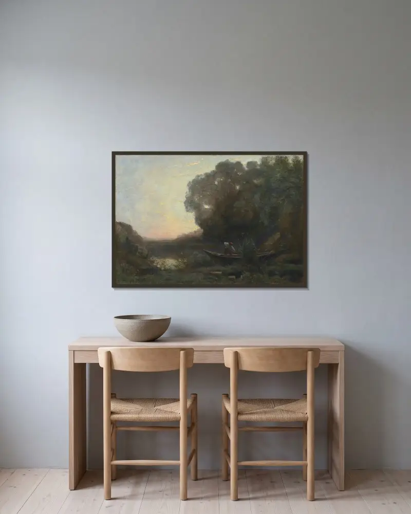 Roddaren vid stranden. Solnedgång av Jean-Baptiste-Camille Corot inramad på en vägg