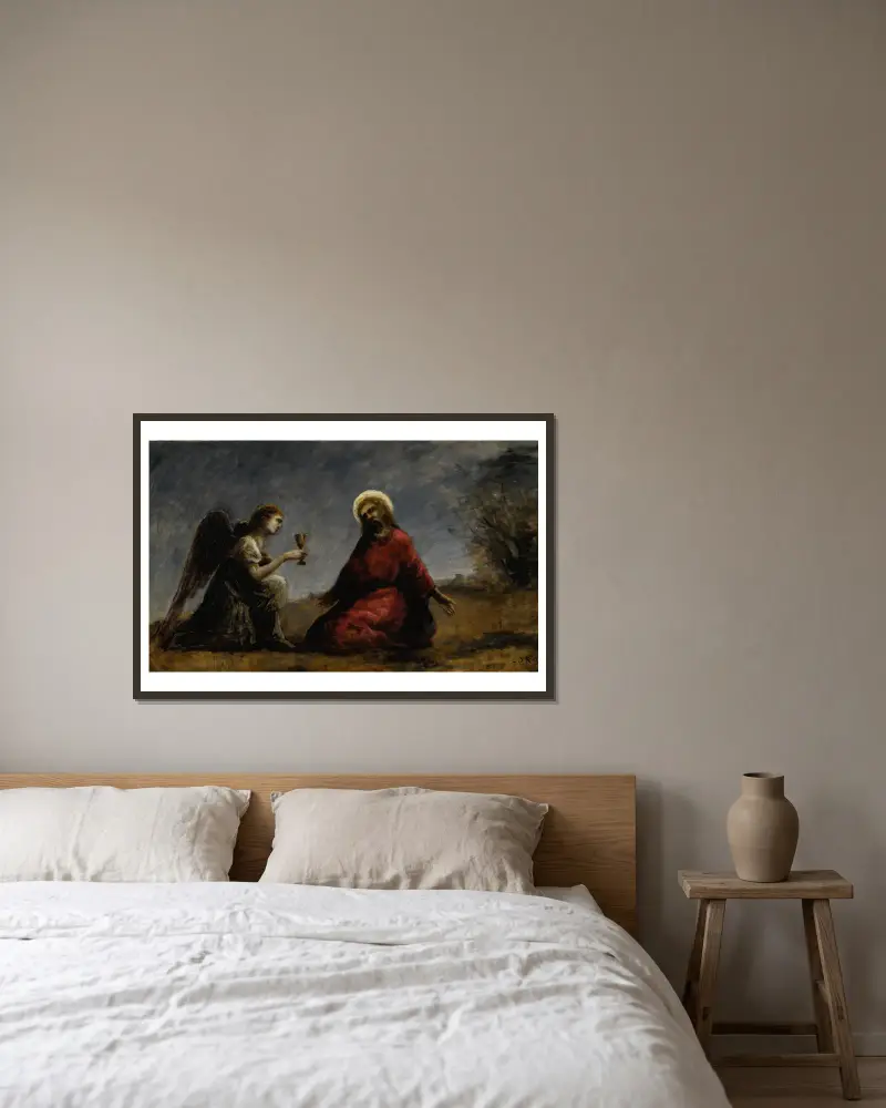 Christus am Ölberg von Jean-Baptiste-Camille Corot gerahmt an einer Wand