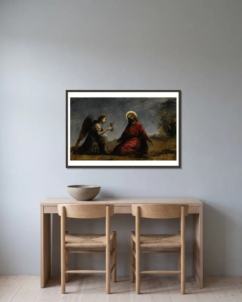 Christus am Ölberg von Jean-Baptiste-Camille Corot gerahmt an einer Wand