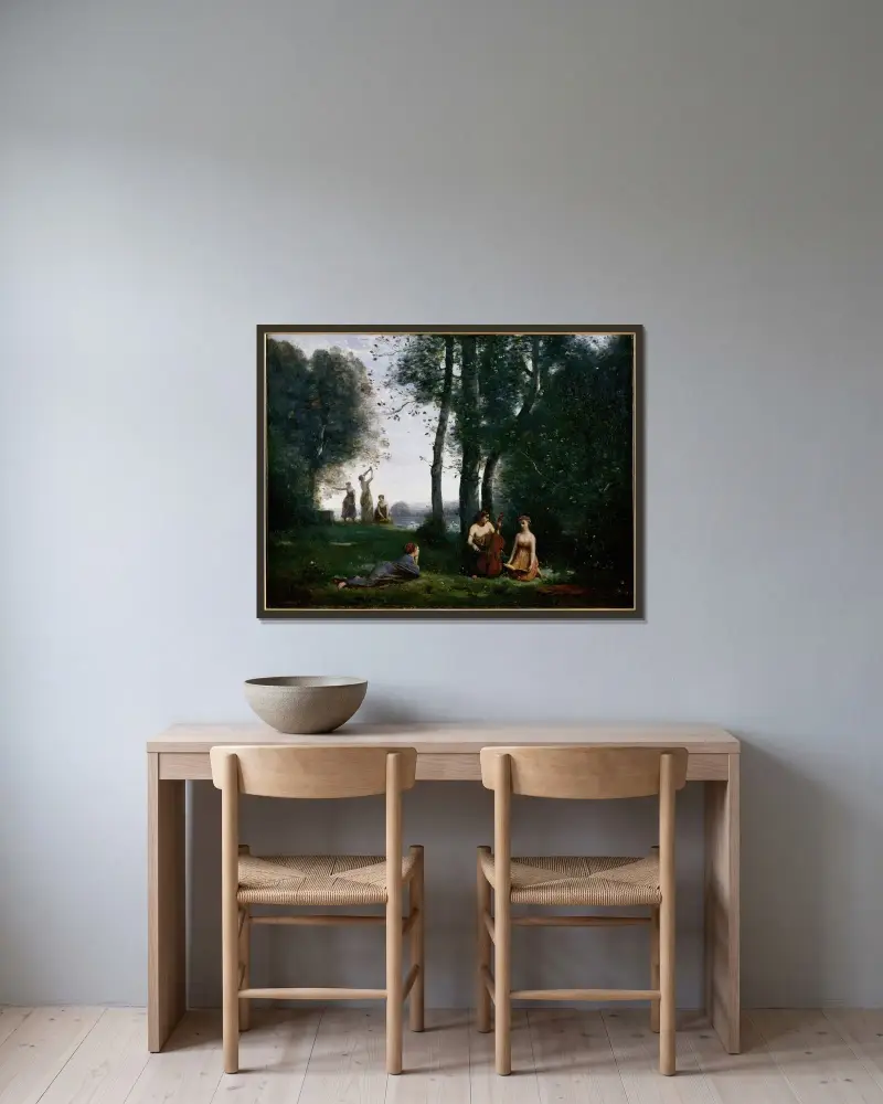 Le Concert champêtre av Jean-Baptiste-Camille Corot inramad på en vägg