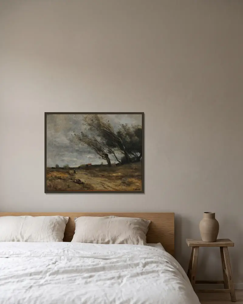 Le Coup de vent av Jean-Baptiste-Camille Corot inramad på en vägg