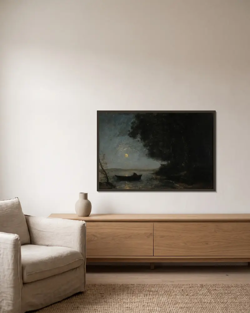 Der See; Nachtwirkung von Jean-Baptiste-Camille Corot gerahmt an einer Wand