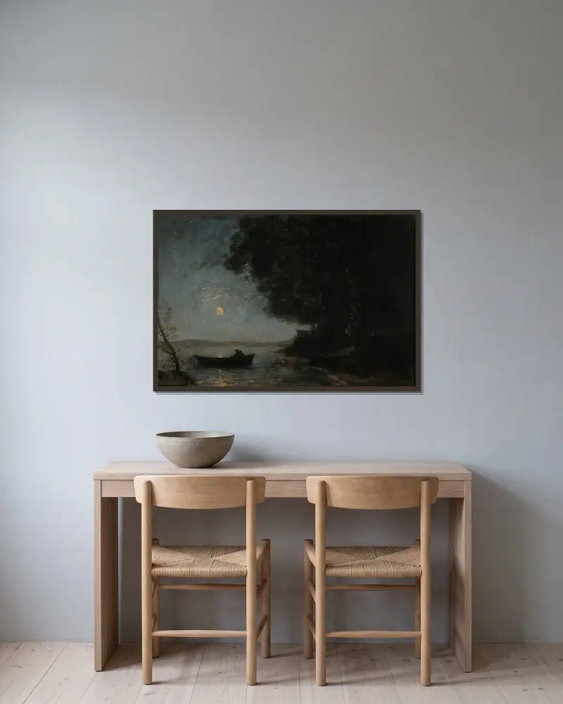 Der See; Nachtwirkung von Jean-Baptiste-Camille Corot gerahmt an einer Wand
