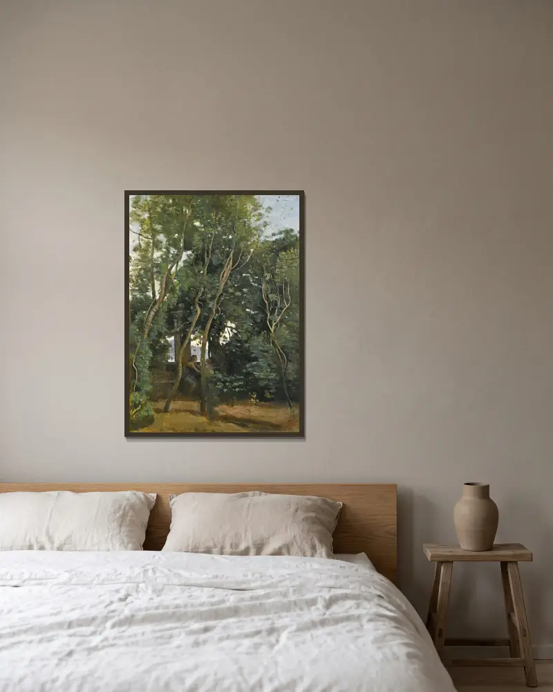 Le Matin Sous Les Arbres – nr 1 av Jean-Baptiste-Camille Corot inramad på en vägg