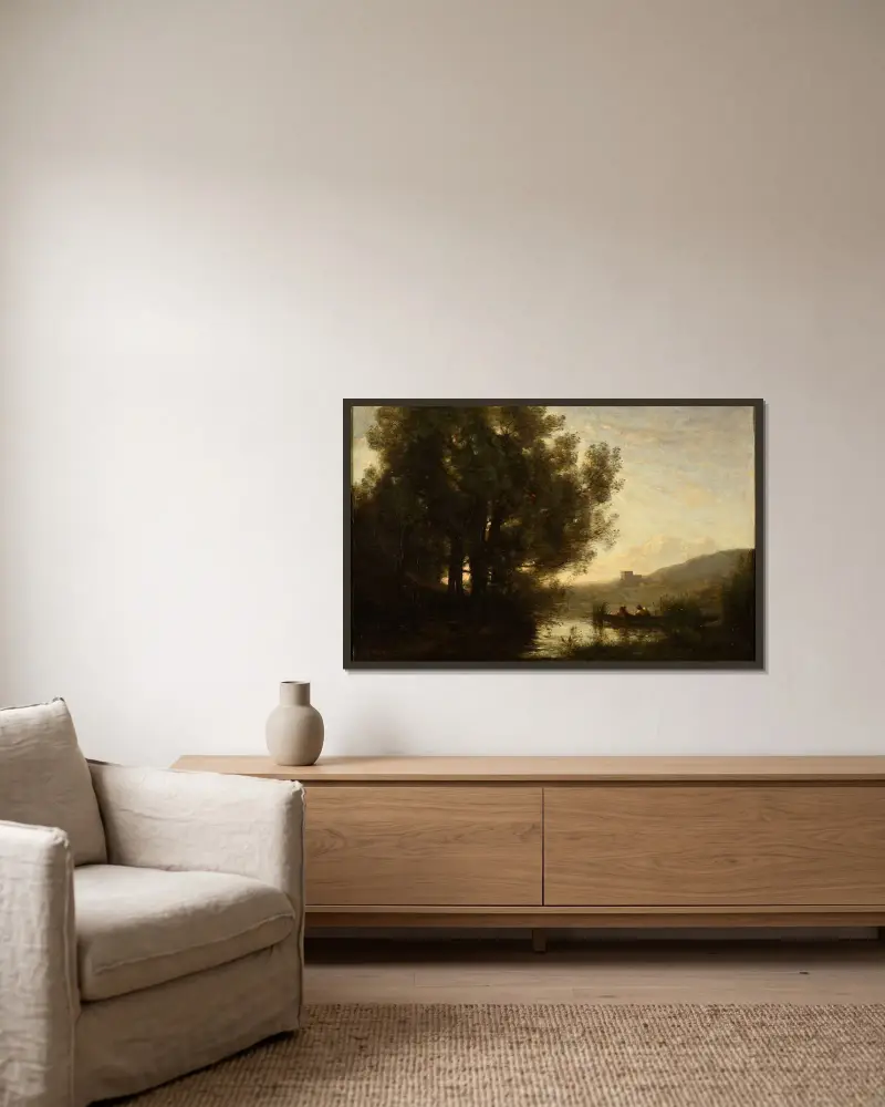 Die Flussüberquerung von Jean-Baptiste-Camille Corot gerahmt an einer Wand