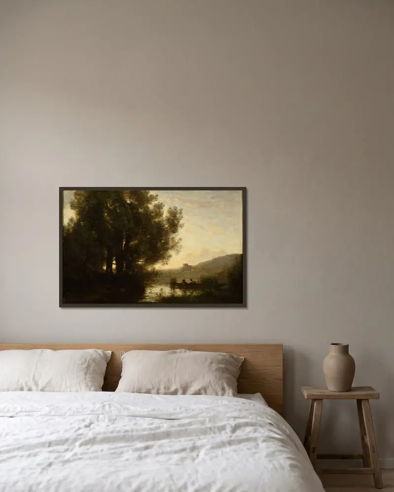 Die Flussüberquerung von Jean-Baptiste-Camille Corot gerahmt an einer Wand