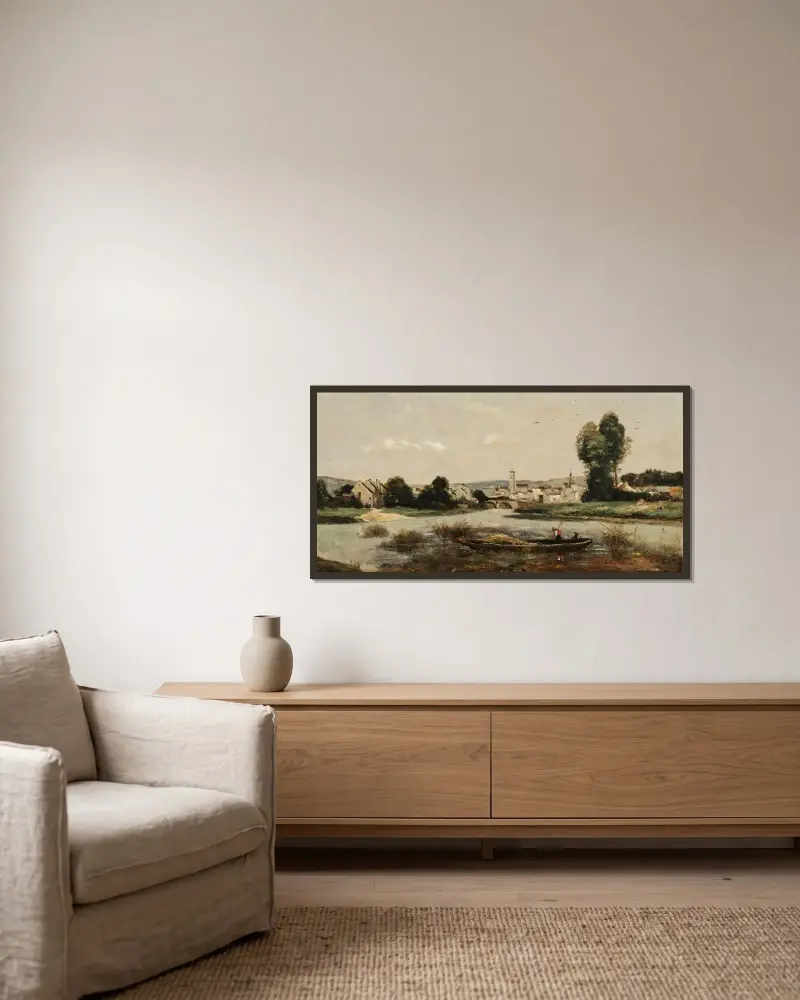 Le Pont du Château Thierry av Jean-Baptiste-Camille Corot inramad på en vägg