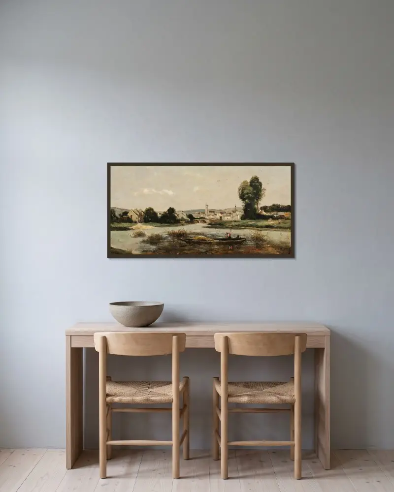 Le Pont du Château Thierry av Jean-Baptiste-Camille Corot inramad på en vägg