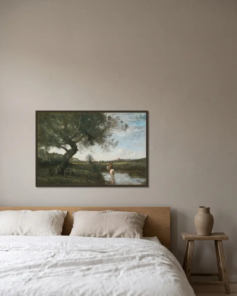 Bäcken vid den vita hästen av Jean-Baptiste-Camille Corot inramad på en vägg