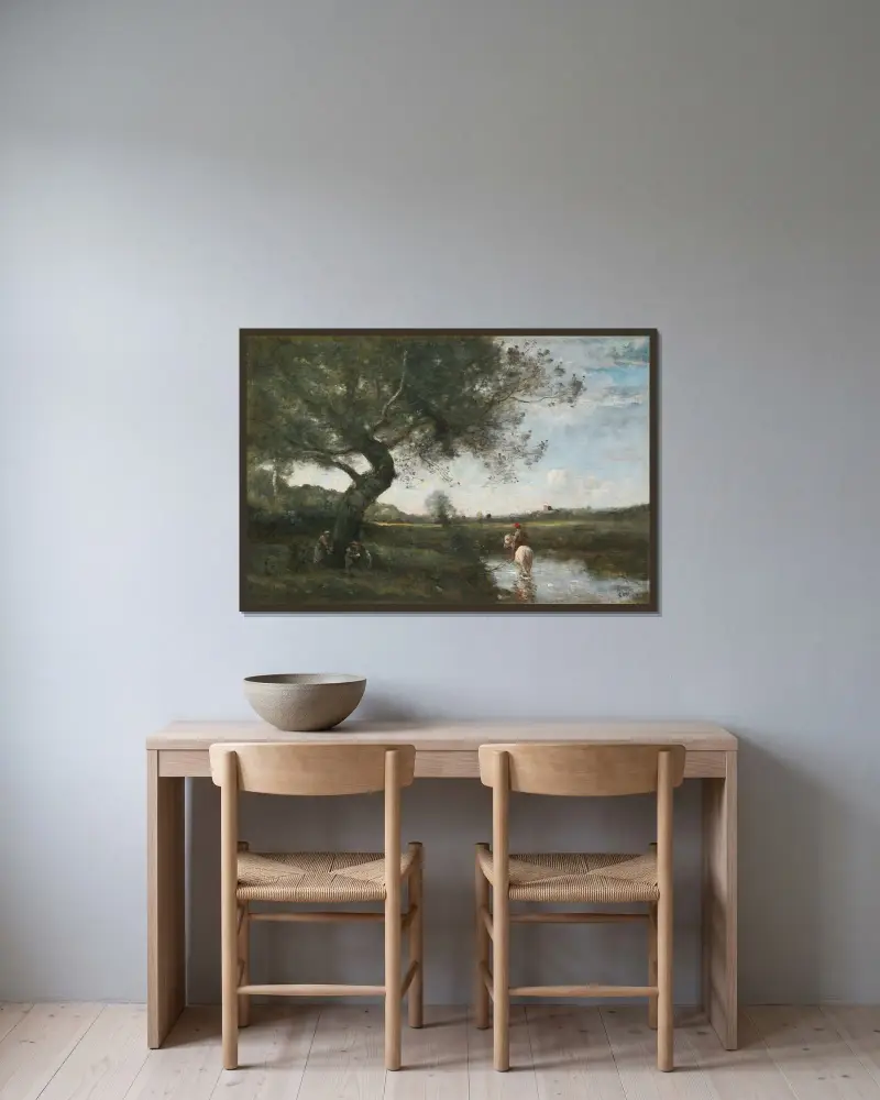 Bäcken vid den vita hästen av Jean-Baptiste-Camille Corot inramad på en vägg