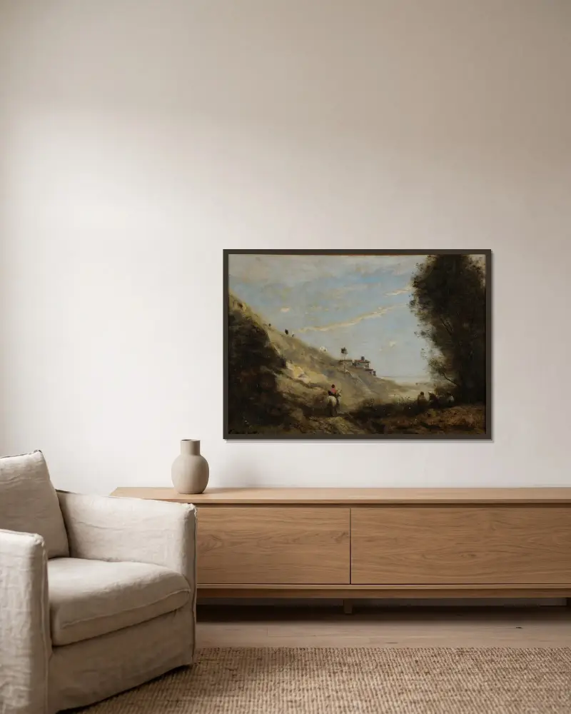 Le vallon au cavalier av Jean-Baptiste-Camille Corot inramad på en vägg