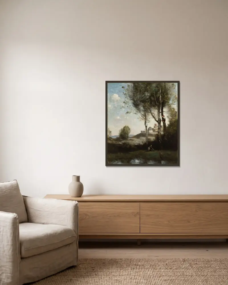 Toskanische Vogelfänger von Jean-Baptiste-Camille Corot gerahmt an einer Wand