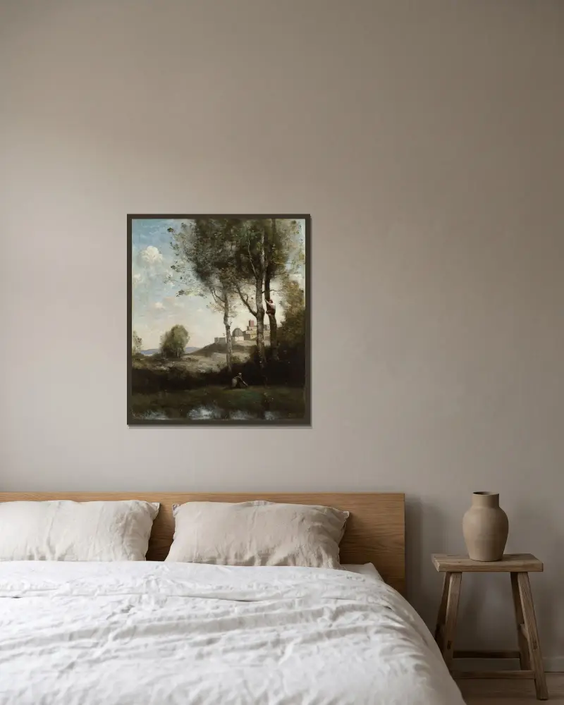 Toskanische Vogelfänger von Jean-Baptiste-Camille Corot gerahmt an einer Wand