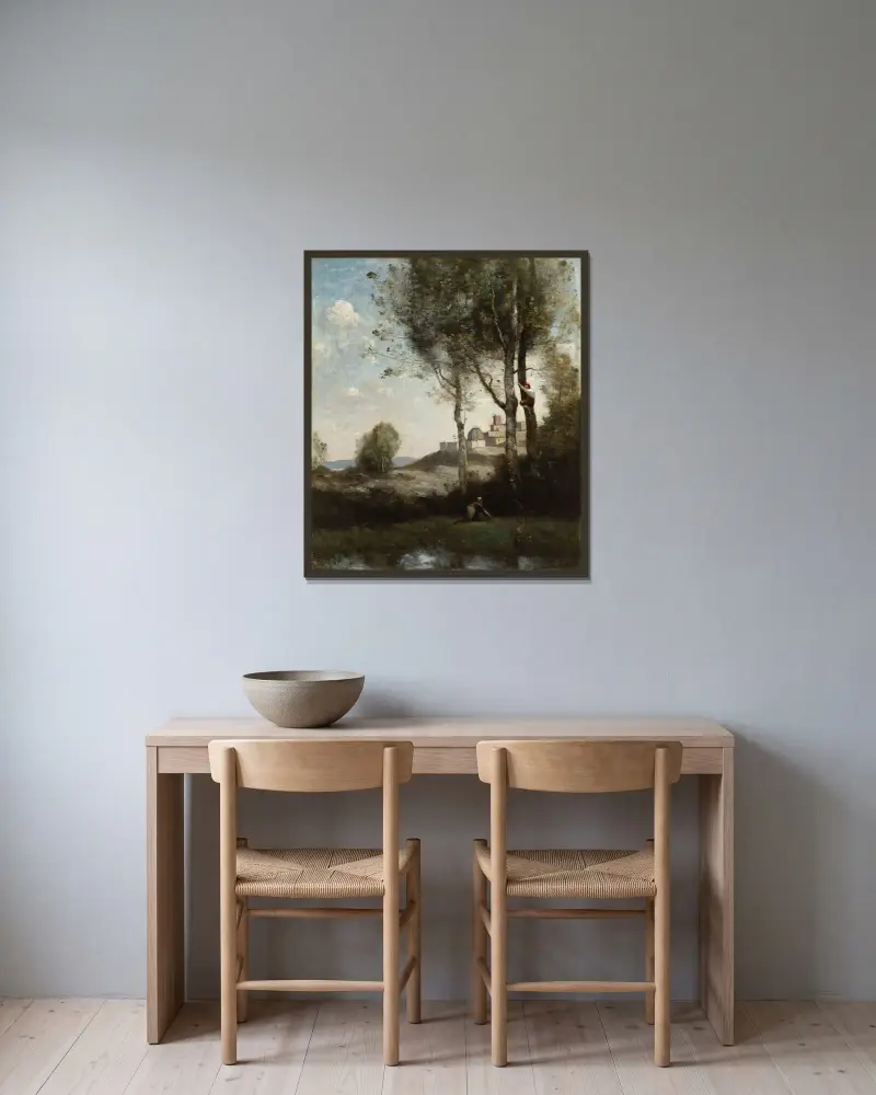 Toskanische Vogelfänger von Jean-Baptiste-Camille Corot gerahmt an einer Wand