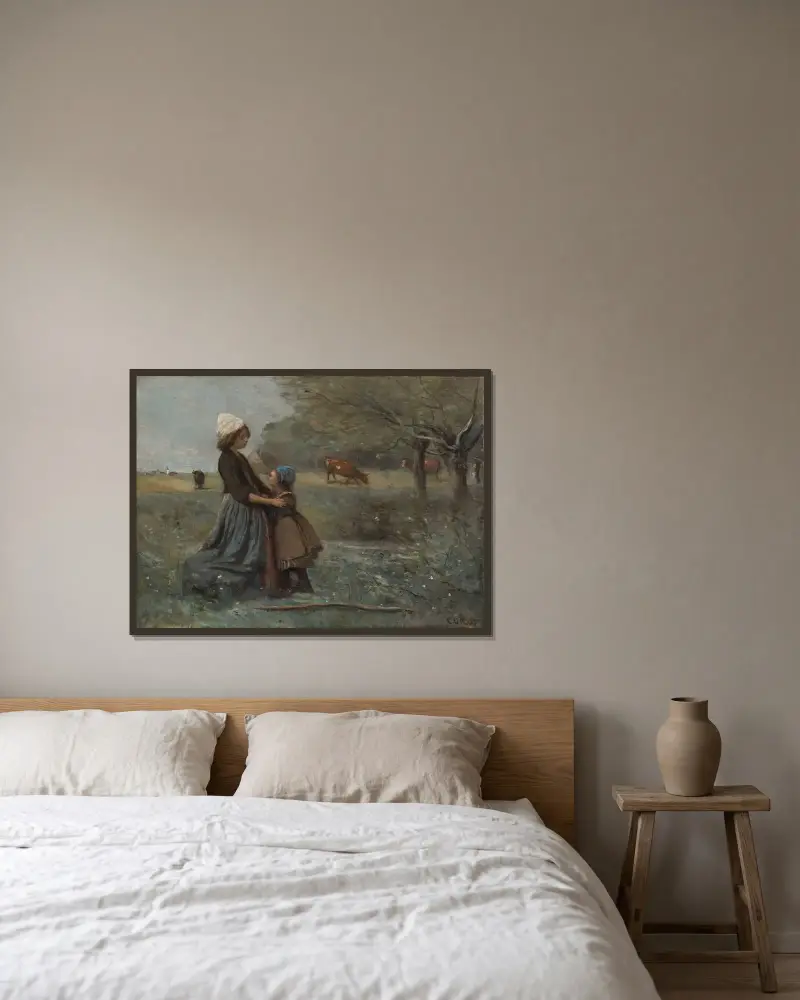 De två systrarna på ängen av Jean-Baptiste-Camille Corot inramad på en vägg