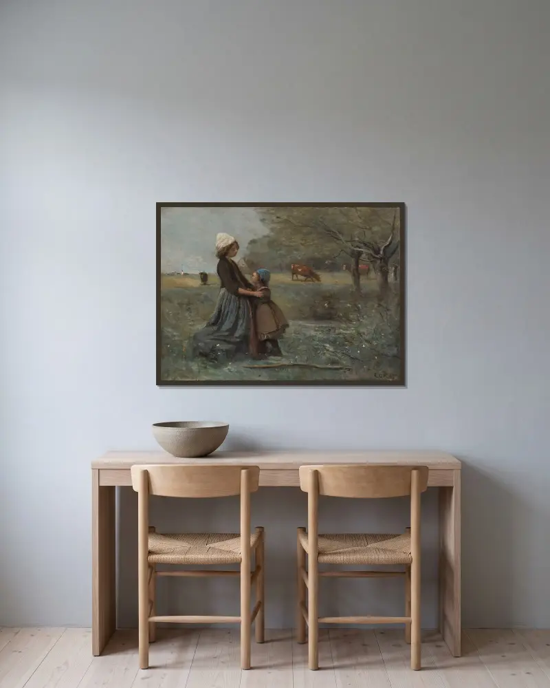 De två systrarna på ängen av Jean-Baptiste-Camille Corot inramad på en vägg