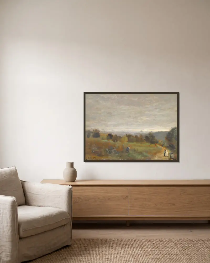 Die Höhen von Sèvres, Paris im Hintergrund von Jean-Baptiste-Camille Corot gerahmt an einer Wand