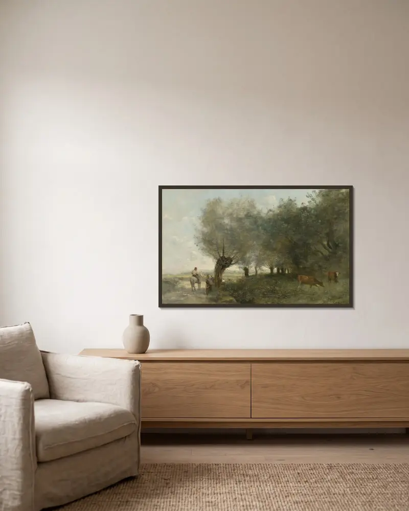 Weiden an der Landspitze von Jean-Baptiste-Camille Corot gerahmt an einer Wand