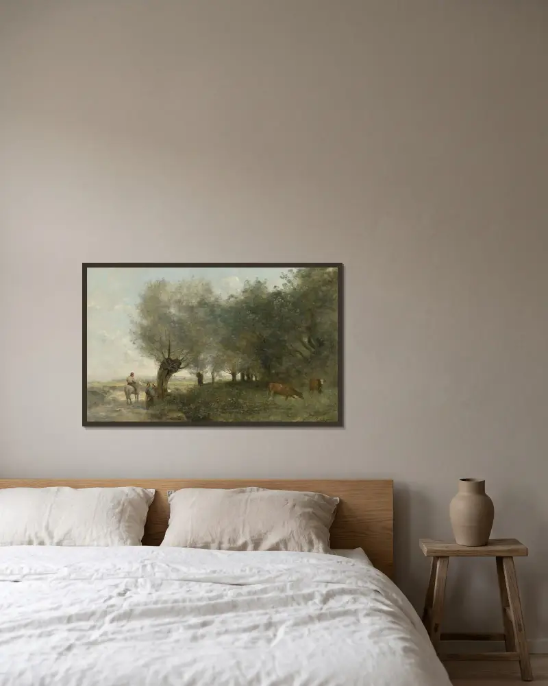 Weiden an der Landspitze von Jean-Baptiste-Camille Corot gerahmt an einer Wand