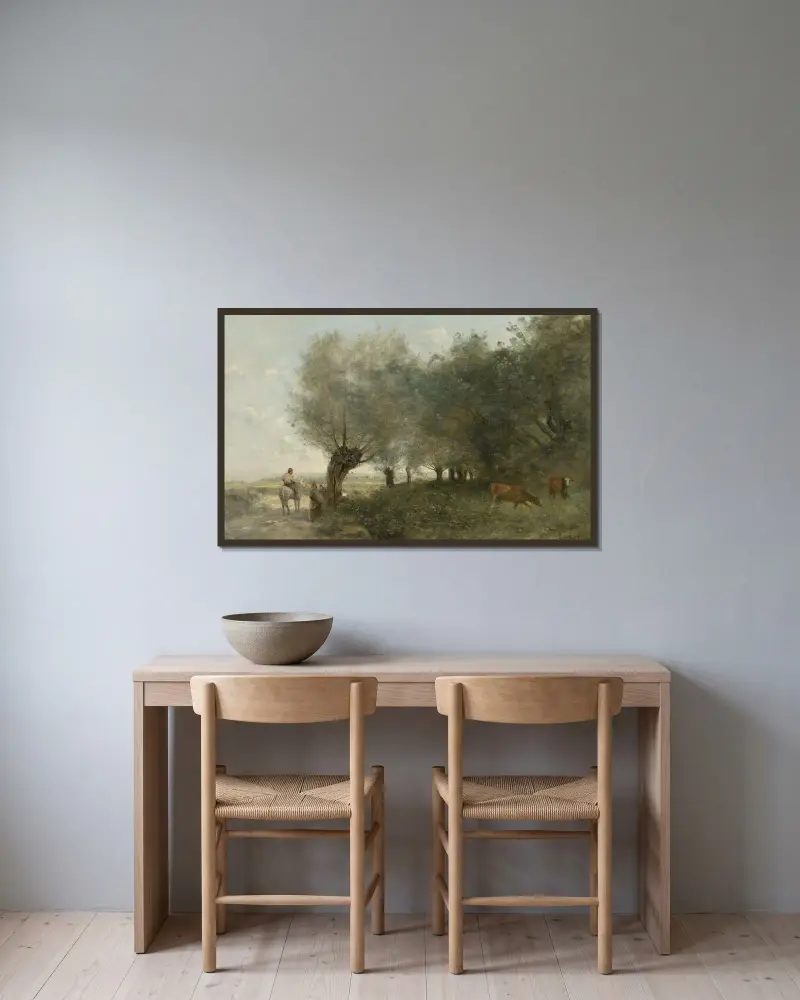 Weiden an der Landspitze von Jean-Baptiste-Camille Corot gerahmt an einer Wand