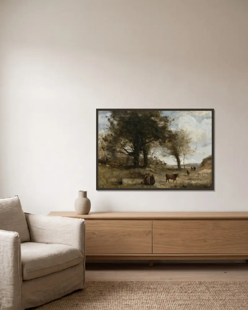 Korna vid fontänen av Jean-Baptiste-Camille Corot inramad på en vägg