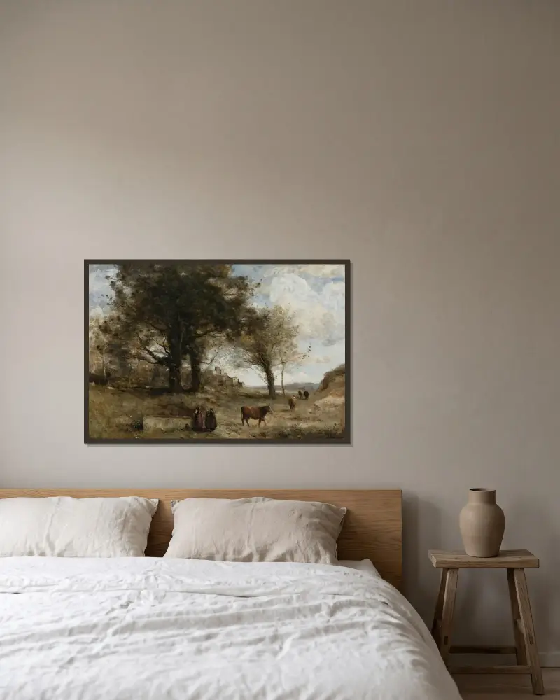 Korna vid fontänen av Jean-Baptiste-Camille Corot inramad på en vägg